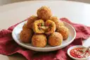 A plate of golden fried arancini rice balls with a dip