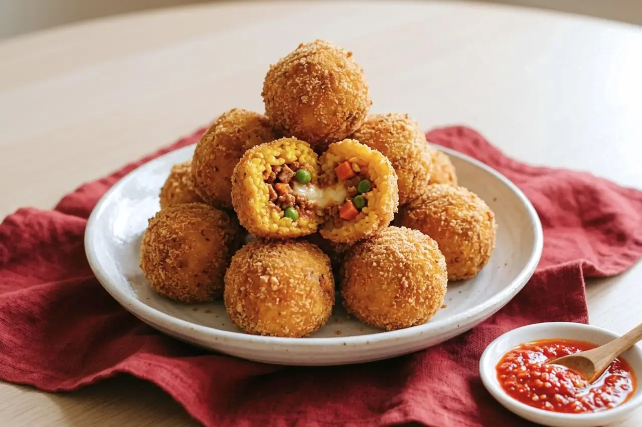 A plate of golden fried arancini rice balls with a dip
