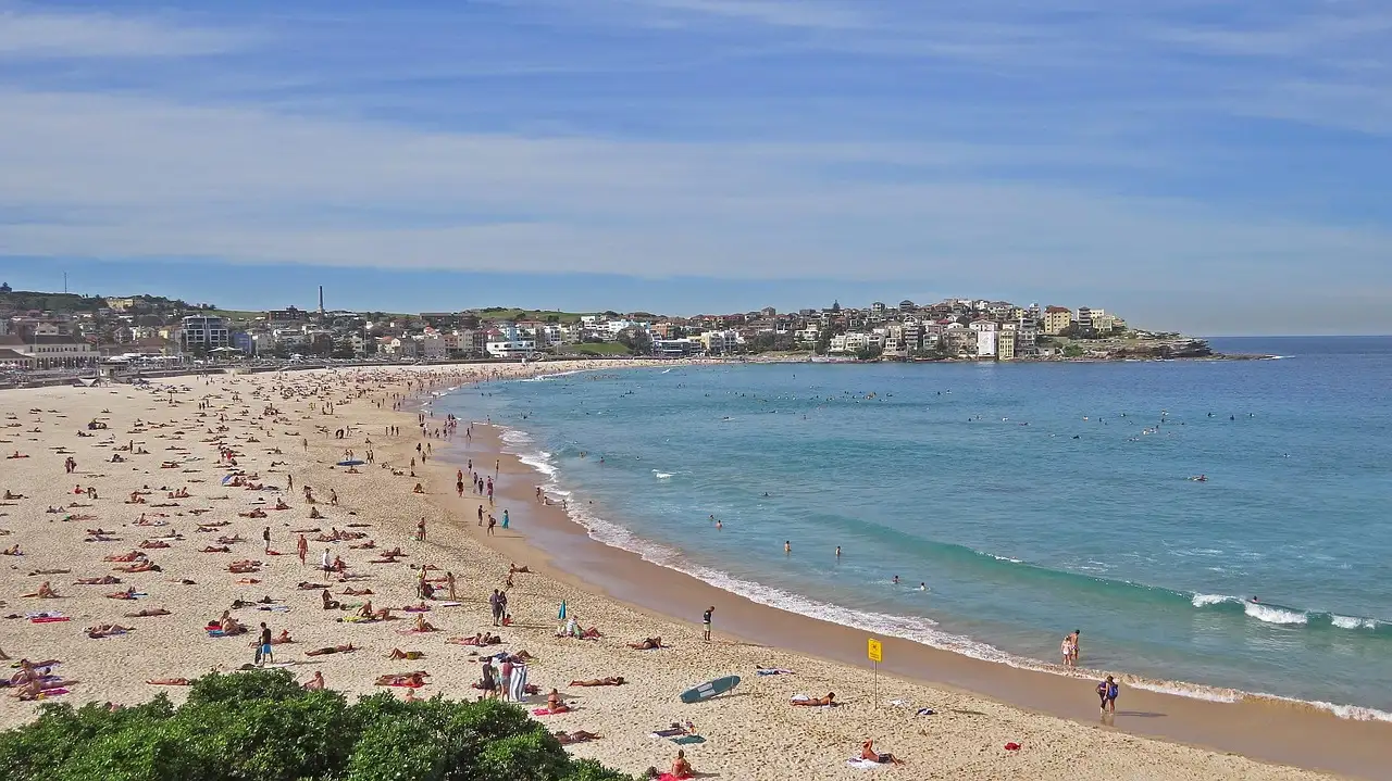 The long curve of Bondi Beach seen from the headland, with the sea on the right