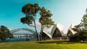 Green lawn and gum trees with the Sydney Opera House and Harbour Bridge behind