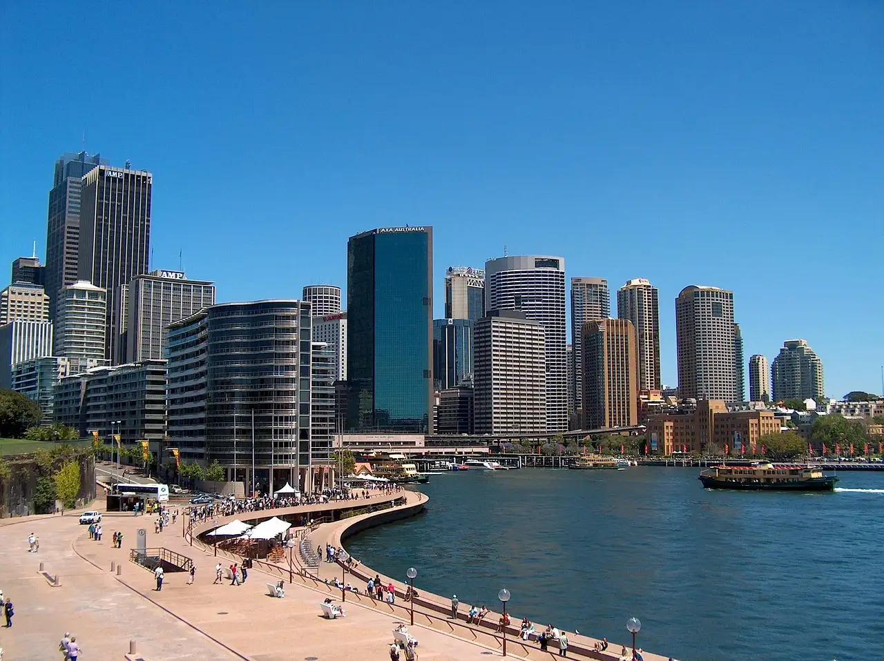 Circular Quay with its wide promenade, boats on the water and the Sydney skyline behind