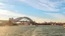The white wake of a boat on Sydney Harbour, with the Harbour Bridge ahead under a blue sky