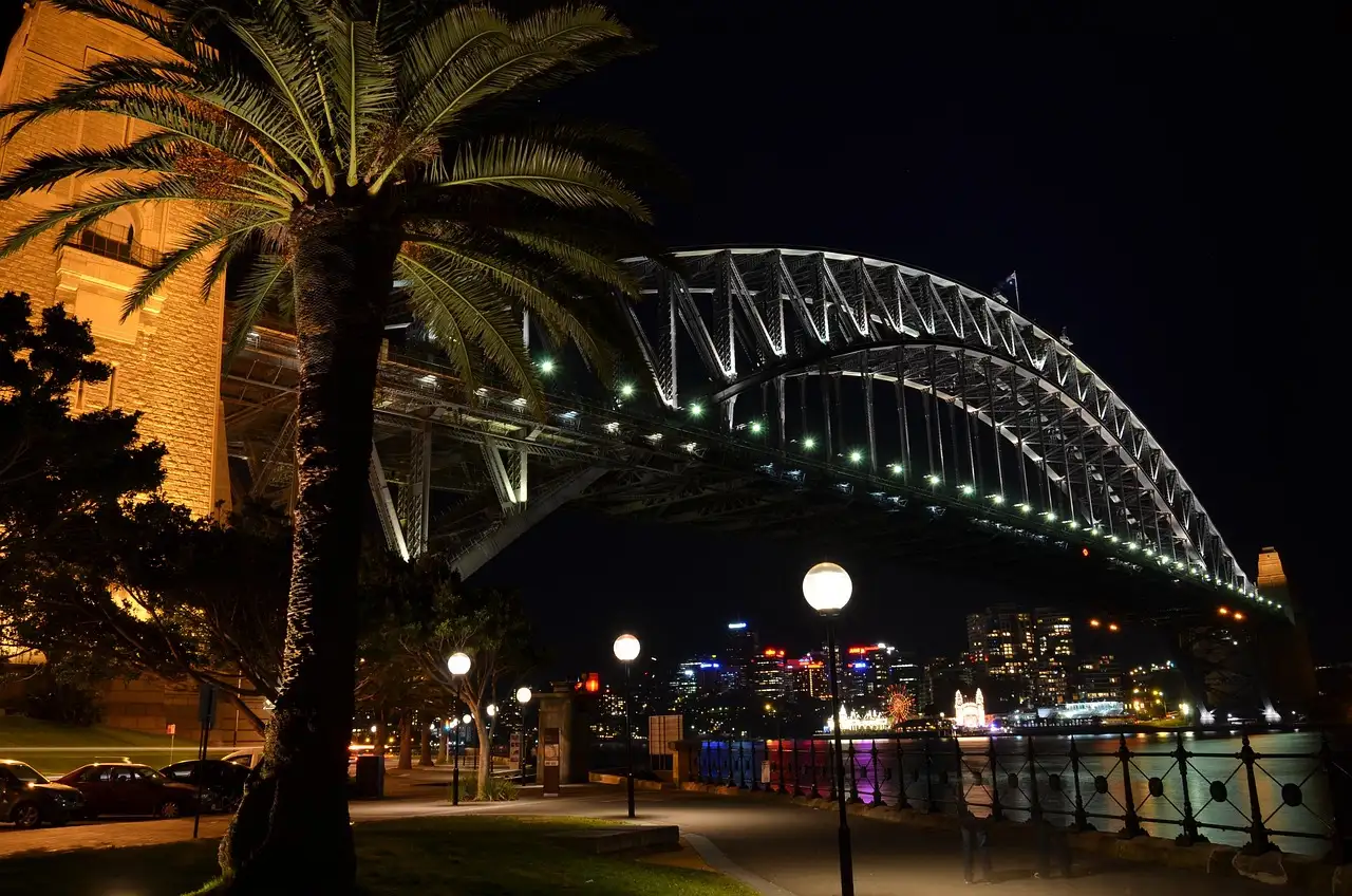 Sydney Harbour Bridge lit at night above a lamp-lit waterfront path with a palm tree