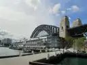 The two granite pylons at the south end of the Sydney Harbour Bridge, seen from the Walsh Bay wharves