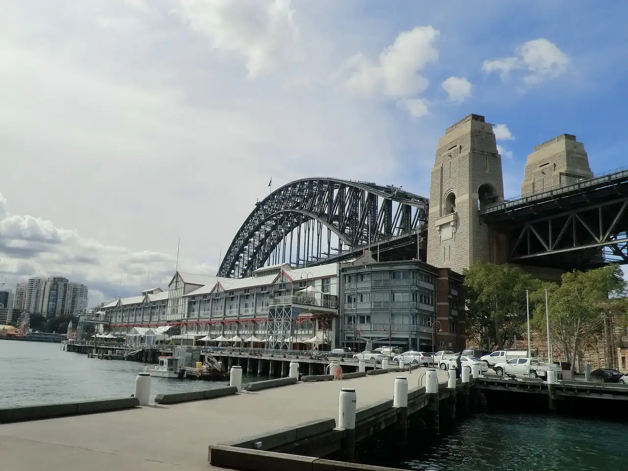 The two granite pylons at the south end of the Sydney Harbour Bridge, seen from the Walsh Bay wharves