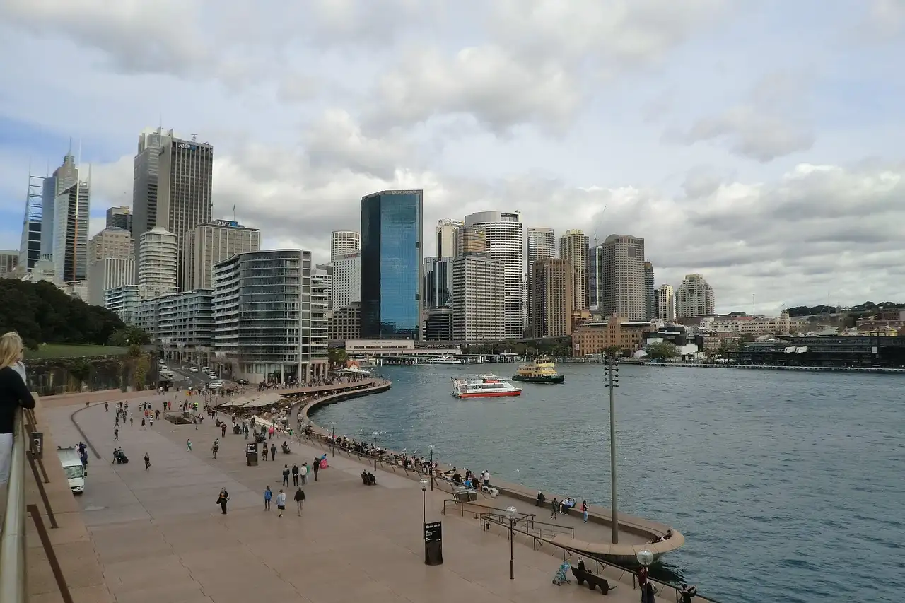 The Circular Quay waterfront with a promenade, harbour and city towers behind