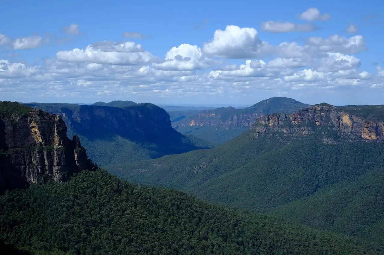 Sandstone cliffs and forested valley seen from a Blue Mountains lookout under a blue sky with clouds