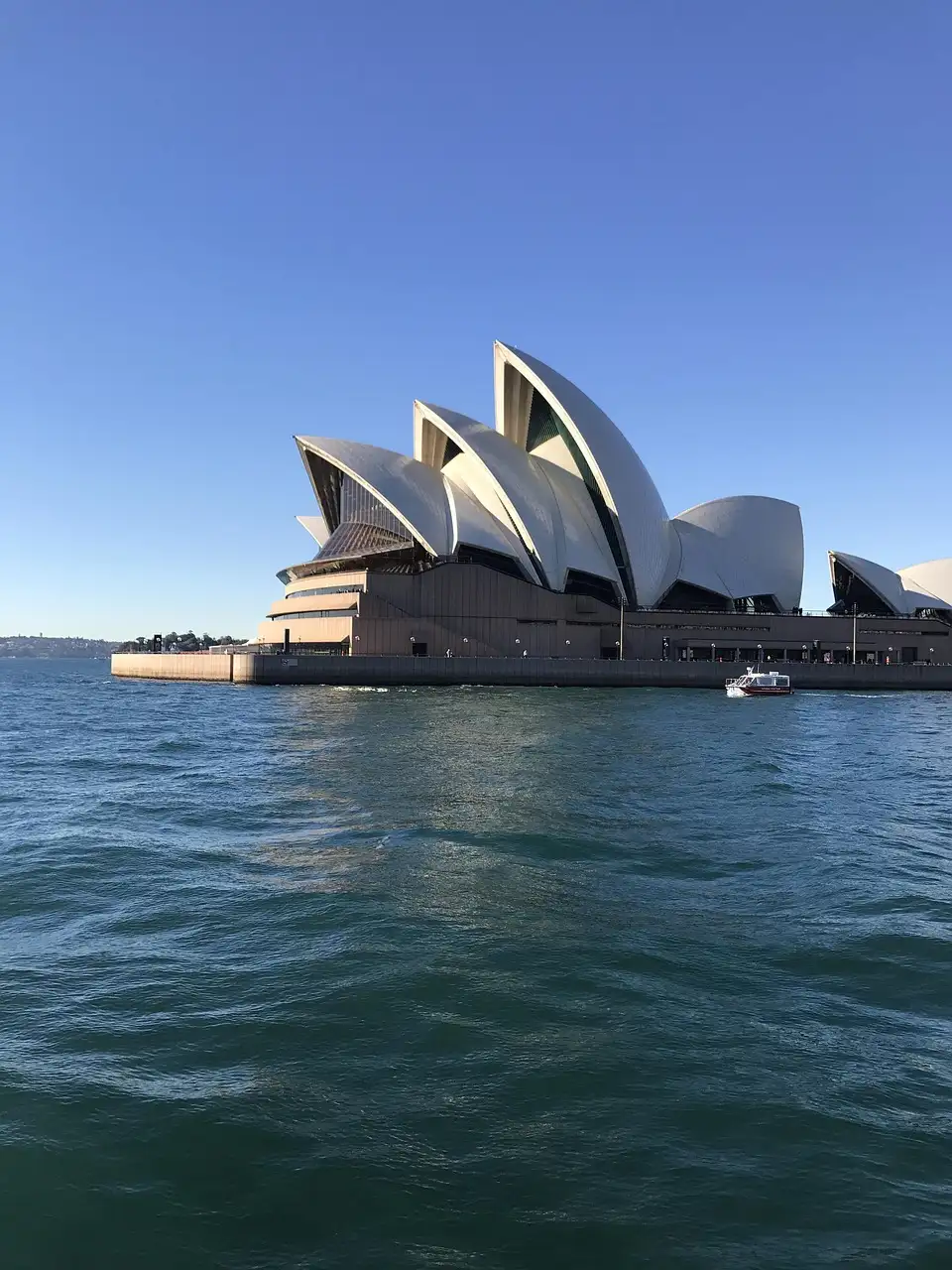 The white sails of the Sydney Opera House seen across the harbour water under a blue sky