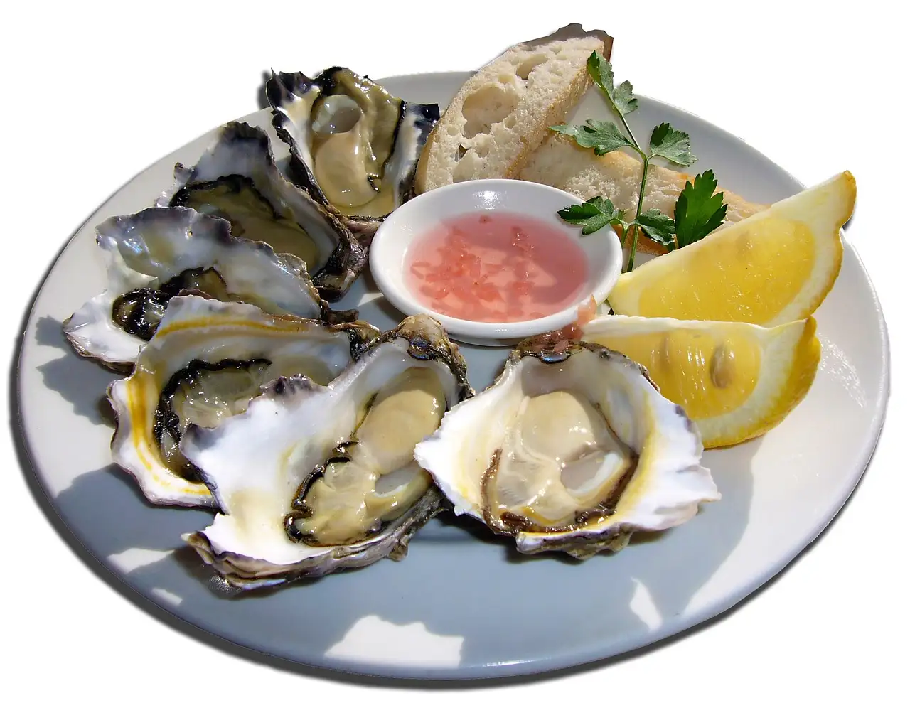 A plate of fresh oysters with lemon wedges and a dipping sauce