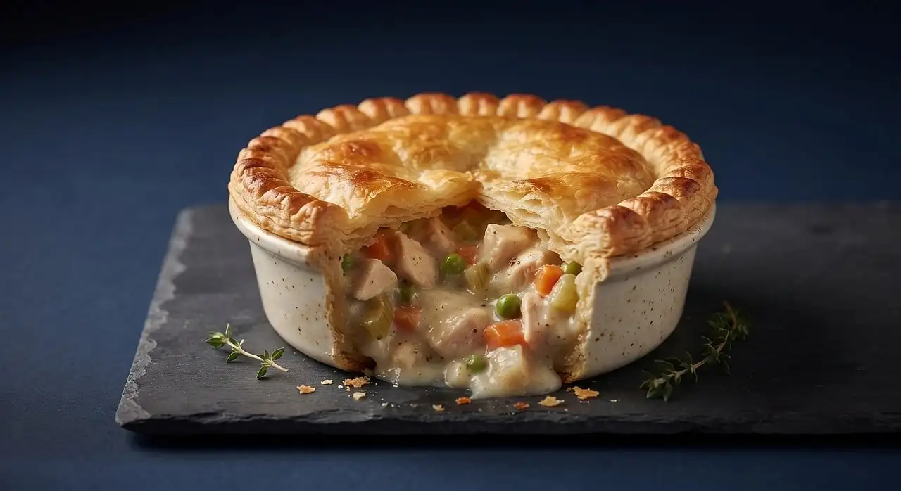 A small pie with a golden pastry lid on a slate board