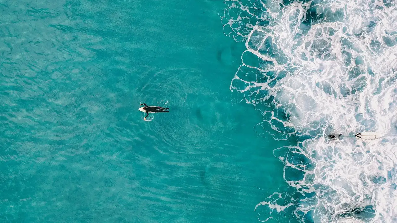 A surfer paddling on a board in clear blue water, seen from above