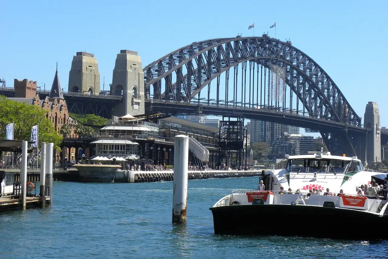 A ferry crossing the water at Circular Quay with the Sydney Harbour Bridge behind