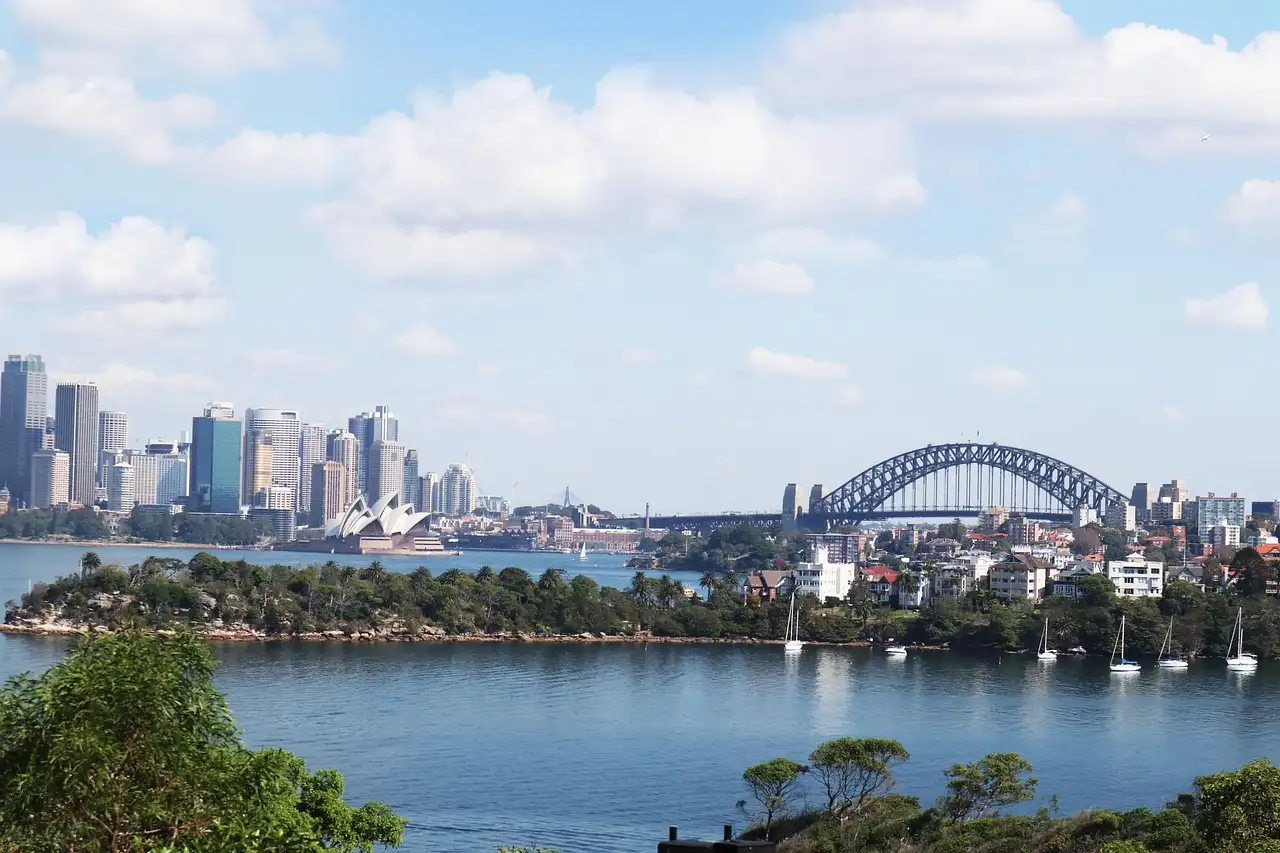 Sydney Harbour seen from a green headland, with sailing boats, the city skyline and the Harbour Bridge in the distance