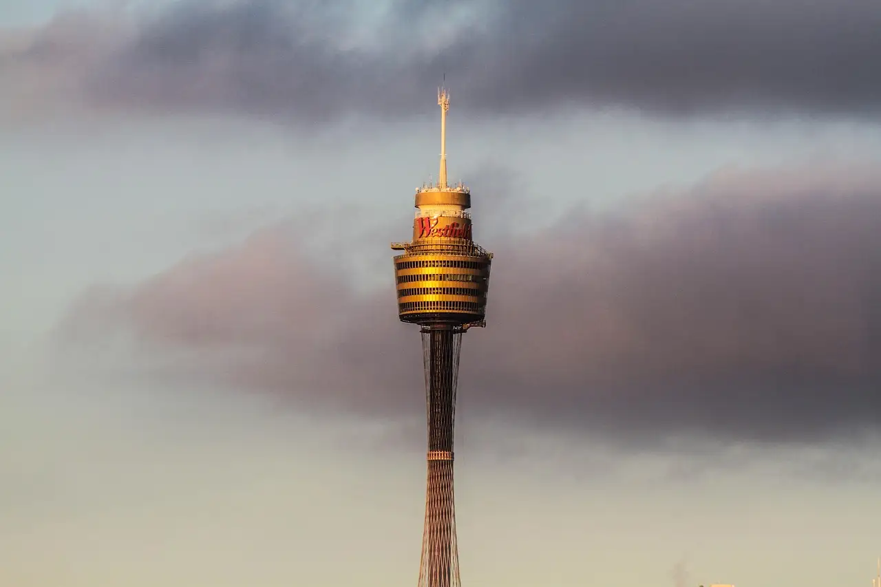 The gold-banded Sydney Tower rising above the city under a soft grey sky