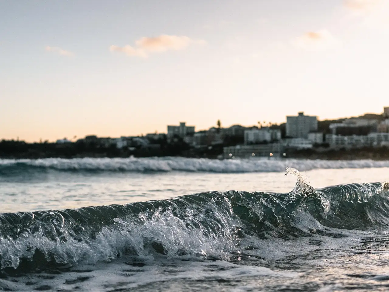 A wave breaking on a Sydney beach at dusk with the coastline behind